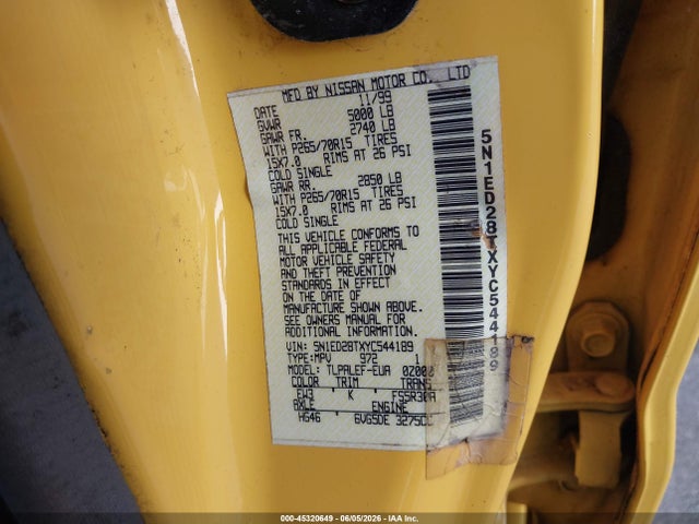 Продажа на аукционе авто 2000 Nissan Xterra Se/xe, vin: 5N1ED28TXYC544189, номер лота: 45320649