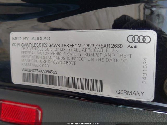 45320662 :رقم المزاد ، WAUB4CF54KA064599 vin ، 2019 Audi S5 3.0t Premium مزاد بيع
