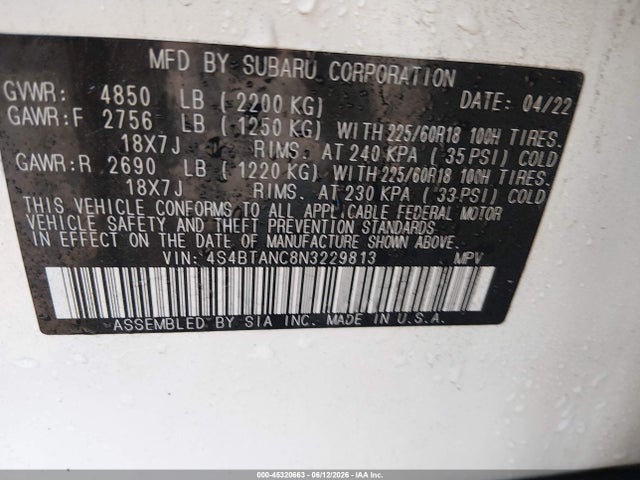 Продажа на аукционе авто 2022 Subaru Outback Limited, vin: 4S4BTANC8N3229813, номер лота: 45320663
