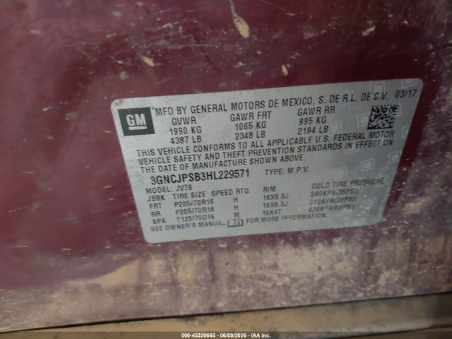 Продажа на аукционе авто 2017 Chevrolet Trax Lt, vin: 3GNCJPSB3HL229571, номер лота: 45320665