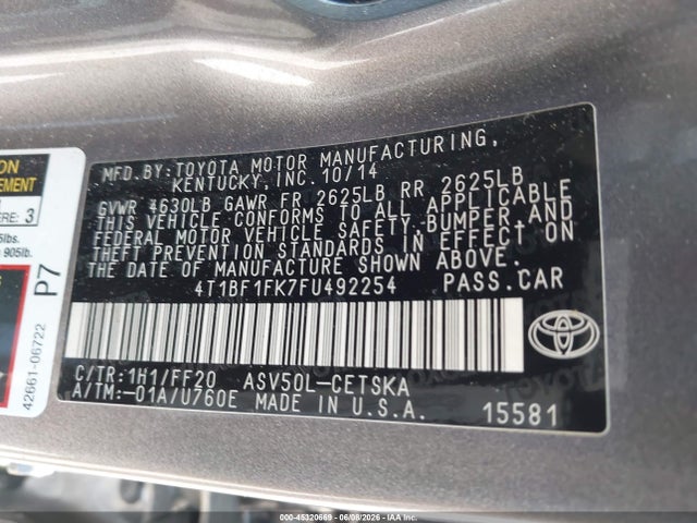 45320669 :رقم المزاد ، 4T1BF1FK7FU492254 vin ، 2015 Toyota Camry Se مزاد بيع