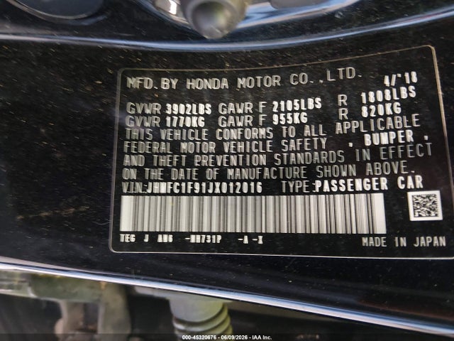 Honda Civic Touring 2018 JHMFC1F91JX012016 Image 9
