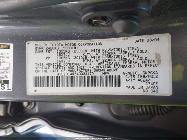 Aukcja sprzedaży 2004 Toyota 4runner Sr5 V6, vin: JTEZU14R540034172, numer aukcji: 45320697