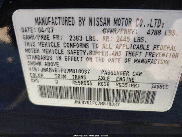 Aukcja sprzedaży 2007 Infiniti G35x, vin: JNKBV61F07M818037, numer aukcji: 45320705