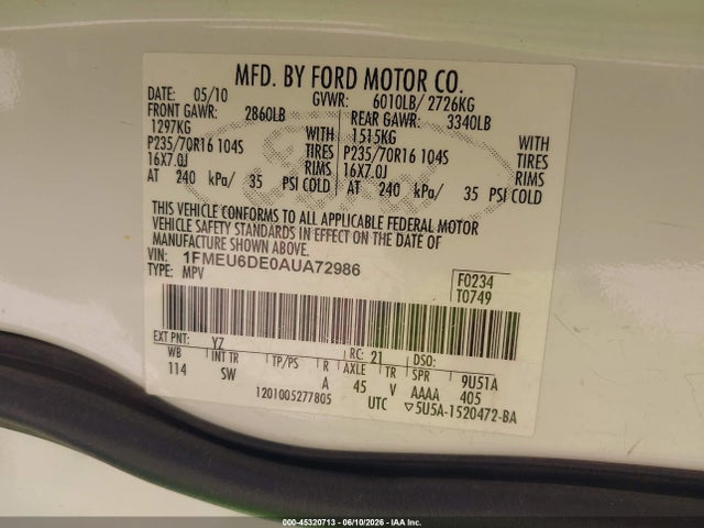 Aukcja sprzedaży 2010 Ford Explorer Xlt, vin: 1FMEU6DE0AUA72986, numer aukcji: 45320713