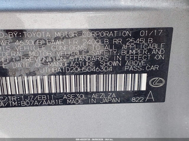 45320728 :رقم المزاد ، JTHBA1D20H5046304 vin ، 2017 Lexus Is 200t مزاد بيع