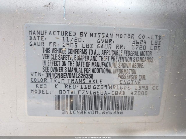 2021 Nissan Versa Sv Xtronic Cvt მანქანა იყიდება აუქციონზე, vin: 3N1CN8EV0ML826358, აუქციონის ნომერი: 45320742