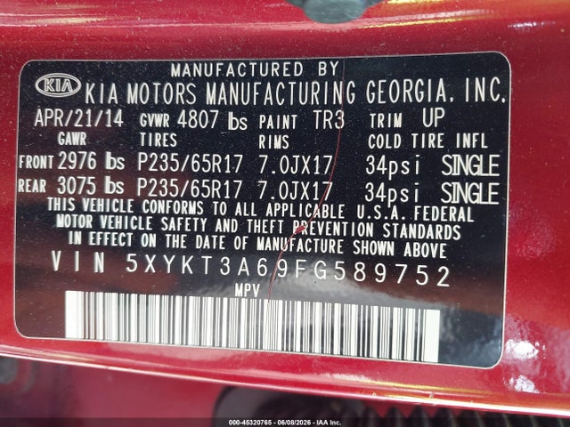 KIA SORENTO LX 2015 5XYKT3A69FG589752 Image 9