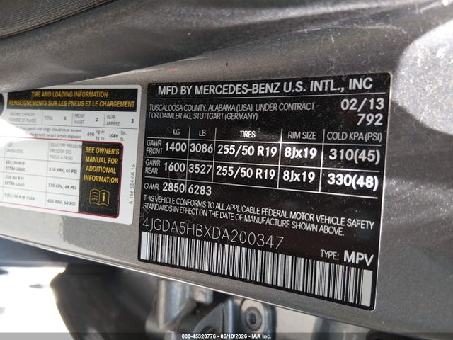 2013 Mercedes-benz Ml 350 4matic მანქანა იყიდება აუქციონზე, vin: 4JGDA5HBXDA200347, აუქციონის ნომერი: 45320776