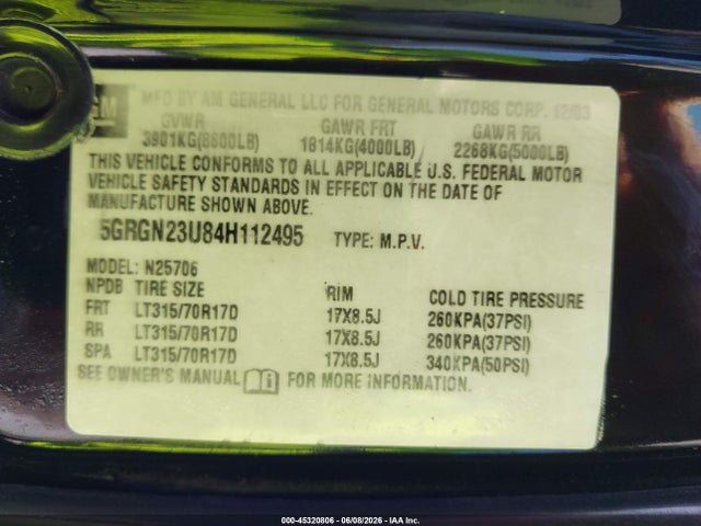 Aukcja sprzedaży 2004 Hummer H2, vin: 5GRGN23U84H112495, numer aukcji: 45320806