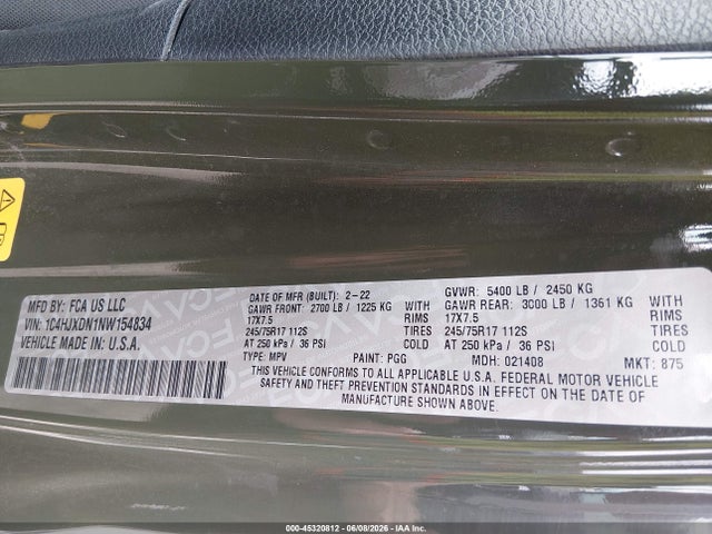 Продаж на аукціоні авто 2022 Jeep Wrangler Unlimited Sport S 4x4, vin: 1C4HJXDN1NW154834, номер лоту: 45320812
