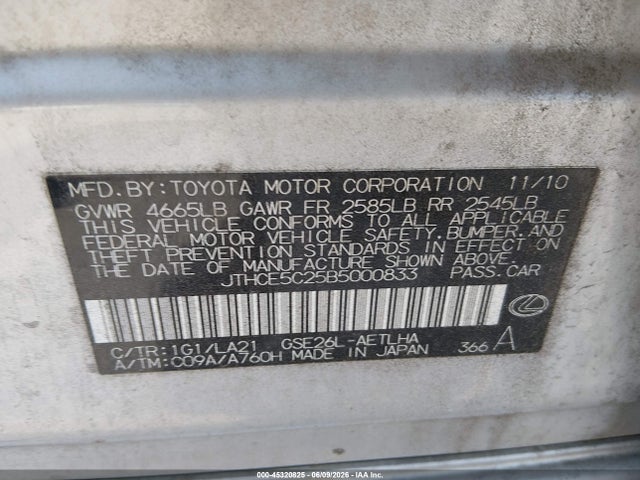 Aukcja sprzedaży 2011 Lexus Is 350, vin: JTHCE5C25B5000833, numer aukcji: 45320825