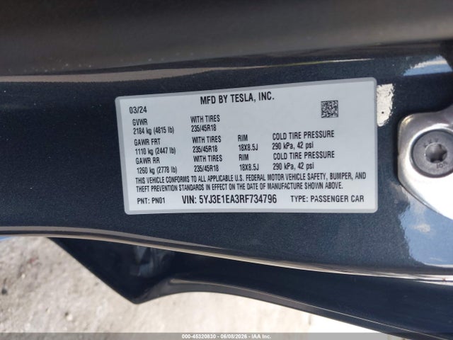 Aukcja sprzedaży 2024 Tesla Model 3 Long Range Dual Motor All-wheel Drive/rear-wheel Drive, vin: 5YJ3E1EA3RF734796, numer aukcji: 45320830