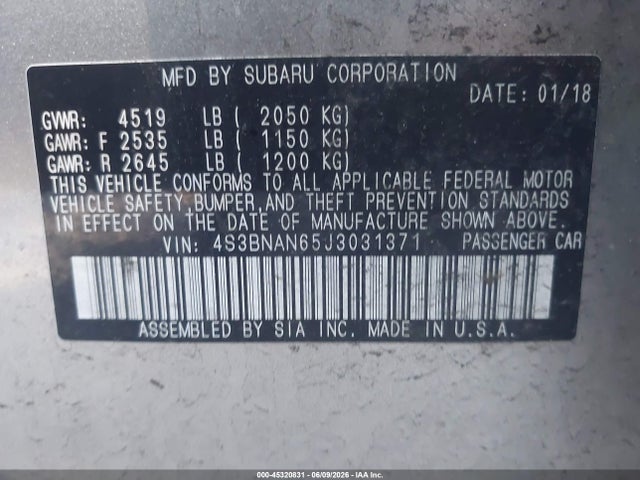 Продаж на аукціоні авто 2018 Subaru Legacy 2.5i Limited, vin: 4S3BNAN65J3031371, номер лоту: 45320831