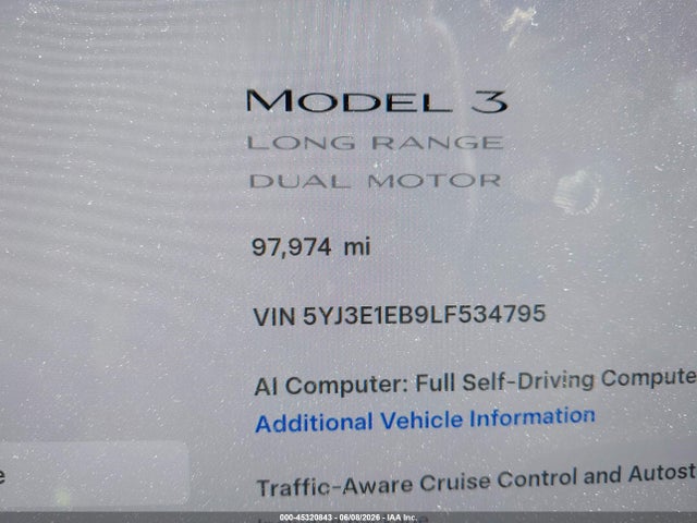 Aukcja sprzedaży 2020 Tesla Model 3 Long Range Dual Motor All-wheel Drive, vin: 5YJ3E1EB9LF534795, numer aukcji: 45320843