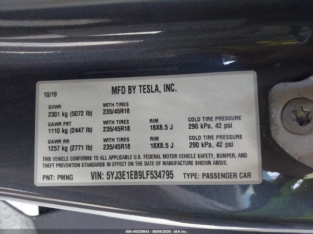 Aukcja sprzedaży 2020 Tesla Model 3 Long Range Dual Motor All-wheel Drive, vin: 5YJ3E1EB9LF534795, numer aukcji: 45320843