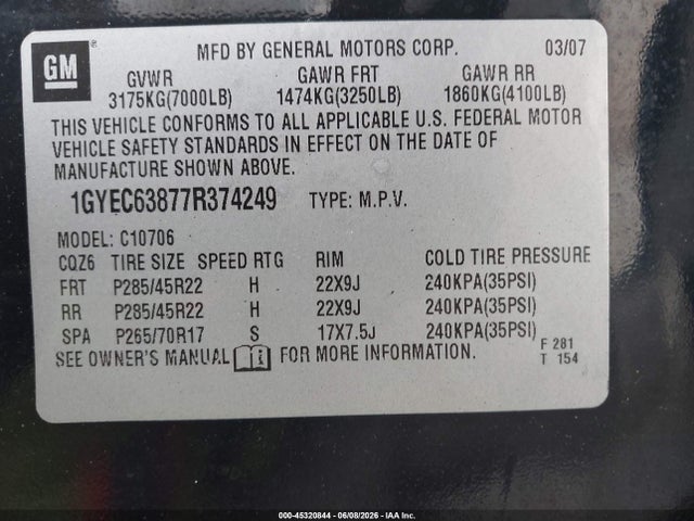 45320844 :رقم المزاد ، 1GYEC63877R374249 vin ، 2007 Cadillac Escalade Standard مزاد بيع