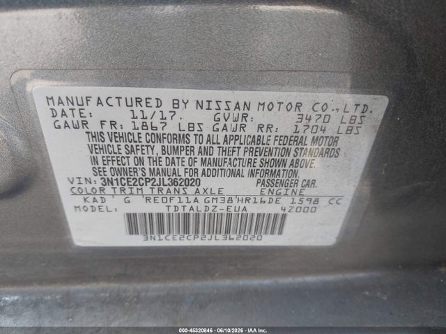 45320846 :رقم المزاد ، 3N1CE2CP2JL362020 vin ، 2018 Nissan Versa Note Sv مزاد بيع