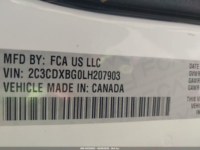 45320852 :رقم المزاد ، 2C3CDXBG0LH207903 vin ، 2020 Dodge Charger Sxt Rwd مزاد بيع