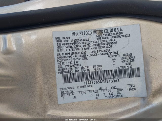 2000 Ford Taurus Se მანქანა იყიდება აუქციონზე, vin: 1FAFP58S8YA213363, აუქციონის ნომერი: 45320878
