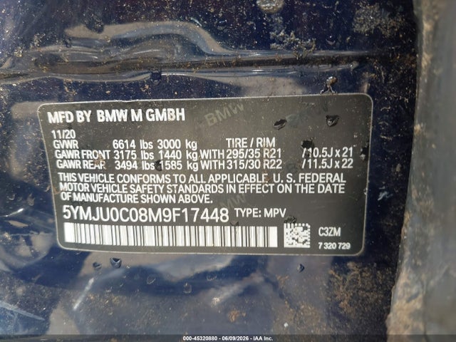 2021 Bmw X5 M მანქანა იყიდება აუქციონზე, vin: 5YMJU0C08M9F17448, აუქციონის ნომერი: 45320880
