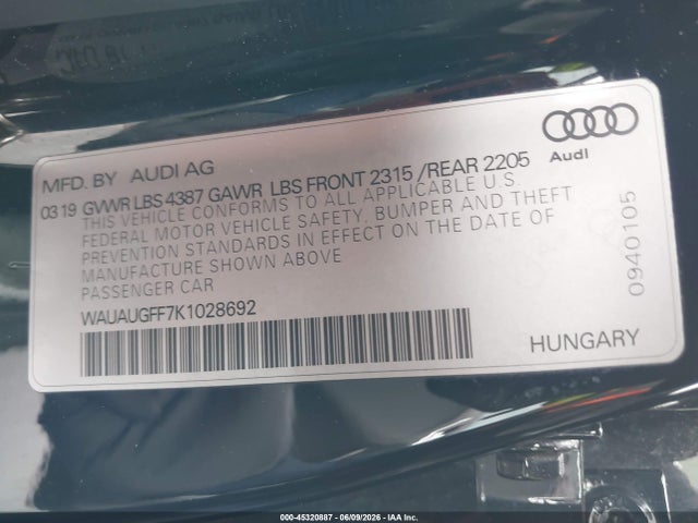 Aukcja sprzedaży 2019 Audi A3 40 Premium/40 Titanium Premium, vin: WAUAUGFF7K1028692, numer aukcji: 45320887