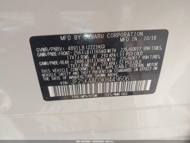 45320893 :رقم المزاد ، JF2SKAAC0KH449606 vin ، 2019 Subaru Forester مزاد بيع