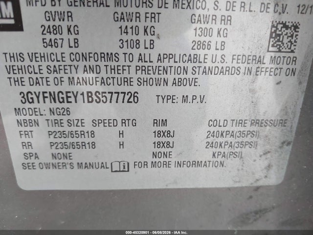 45320901 :رقم المزاد ، 3GYFNGEY1BS577726 vin ، 2011 Cadillac Srx Standard مزاد بيع