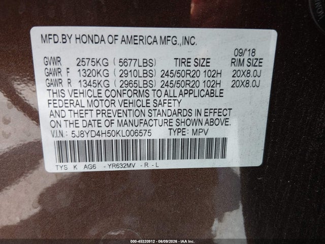 5J8YD4H50KL006575 Acura Mdx Tech Pkg