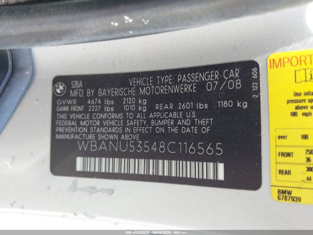 Aukcja sprzedaży 2008 Bmw 528i, vin: WBANU53548C116565, numer aukcji: 45320929