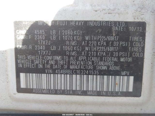 2014 Subaru Outback 2.5i Limited მანქანა იყიდება აუქციონზე, vin: 4S4BRBLC1E3241535, აუქციონის ნომერი: 45320937