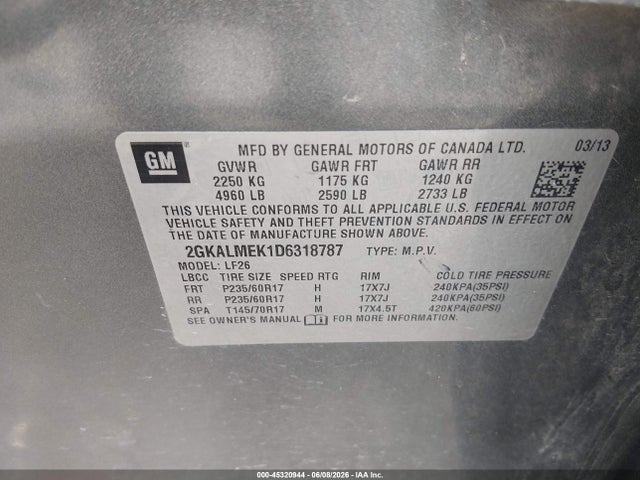 Продаж на аукціоні авто 2013 Gmc Terrain Sle-1, vin: 2GKALMEK1D6318787, номер лоту: 45320944