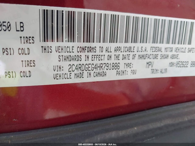 Продажа на аукционе авто 2017 Dodge Grand Caravan Gt, vin: 2C4RDGEG4HR791886, номер лота: 45320955
