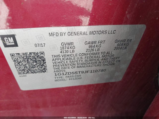 Продаж на аукціоні авто 2018 Chevrolet Malibu Lt, vin: 1G1ZD5ST9JF110780, номер лоту: 45320959