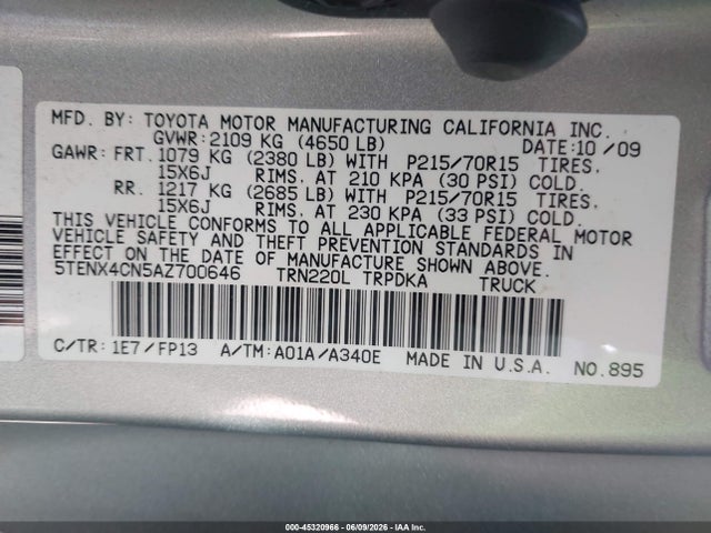 Aukcja sprzedaży 2010 Toyota Tacoma, vin: 5TENX4CN5AZ700646, numer aukcji: 45320966