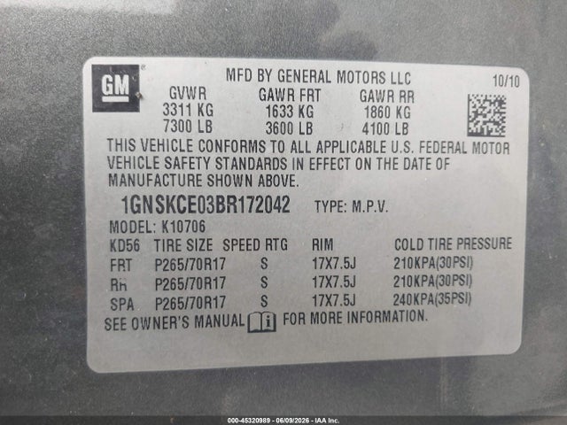 Продажа на аукционе авто 2011 Chevrolet Tahoe Ltz, vin: 1GNSKCE03BR172042, номер лота: 45320989