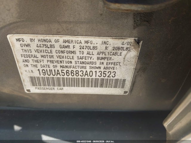 45321046 :رقم المزاد ، 19UUA56683A013523 vin ، 2003 Acura Tl 3.2 مزاد بيع
