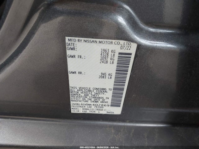 Продажа на аукционе авто 2022 Nissan Altima Sl Fwd, vin: 1N4BL4EV0NN402869, номер лота: 45321054