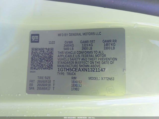45321063 :رقم المزاد ، 1GTH5CEAXN1321147 vin ، 2022 Gmc Canyon 4wd  Elevation مزاد بيع