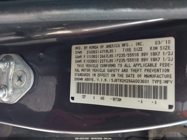 45321067 :رقم المزاد ، 5J8TB2H29AA003601 vin ، 2010 Acura Rdx مزاد بيع