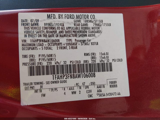 Aukcja sprzedaży 2010 Ford Focus Se, vin: 1FAHP3FN8AW106008, numer aukcji: 45321085