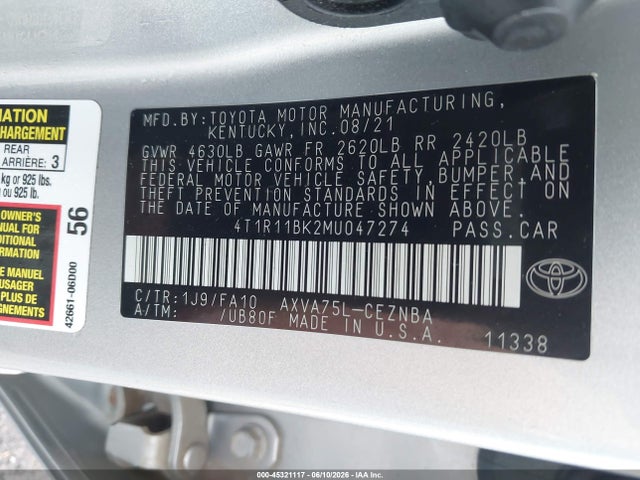 2021 Toyota Camry Le Awd მანქანა იყიდება აუქციონზე, vin: 4T1R11BK2MU047274, აუქციონის ნომერი: 45321117