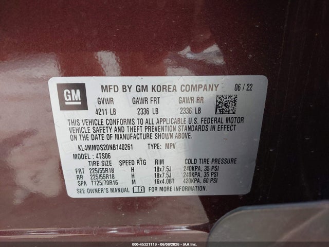 45321119 :رقم المزاد ، KL4MMDS20NB140261 vin ، 2022 Buick Encore Gx Fwd Select مزاد بيع