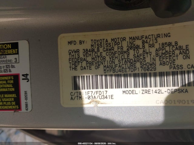 Продажа на аукционе авто 2013 Toyota Corolla S, vin: 5YFBU4EE7DP176029, номер лота: 45321134