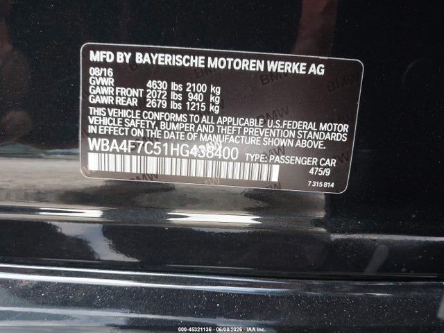 Aukcja sprzedaży 2017 Bmw 430i Gran Coupe, vin: WBA4F7C51HG438400, numer aukcji: 45321136