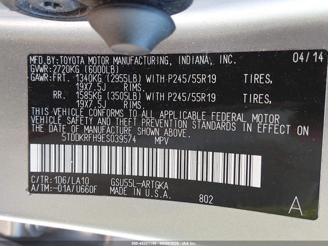 Aukcja sprzedaży 2014 Toyota Highlander Limited V6, vin: 5TDDKRFH9ES039574, numer aukcji: 45321149