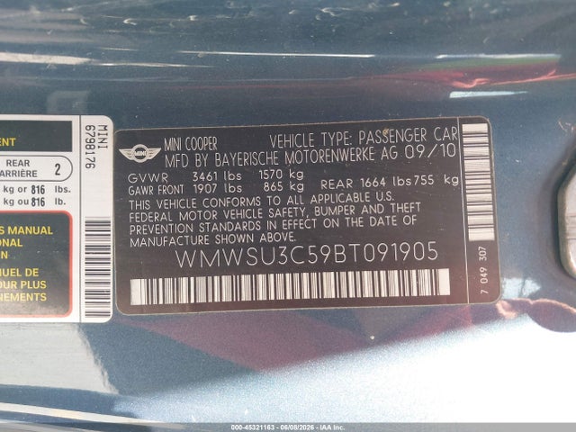 Продажа на аукционе авто 2011 Mini Cooper, vin: WMWSU3C59BT091905, номер лота: 45321163