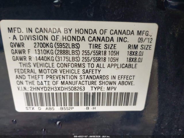 45321187 :رقم المزاد ، 2HNYD2H3XDH508263 vin ، 2013 Acura Mdx Technology Package مزاد بيع