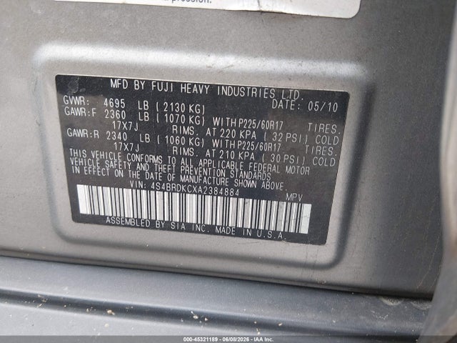 45321189 :رقم المزاد ، 4S4BRDKCXA2384884 vin ، 2010 Subaru Outback 3.6r Limited مزاد بيع