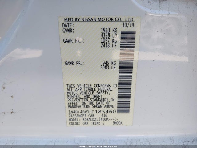 2020 Nissan Altima S Fwd მანქანა იყიდება აუქციონზე, vin: 1N4BL4BV1LC185460, აუქციონის ნომერი: 45321195